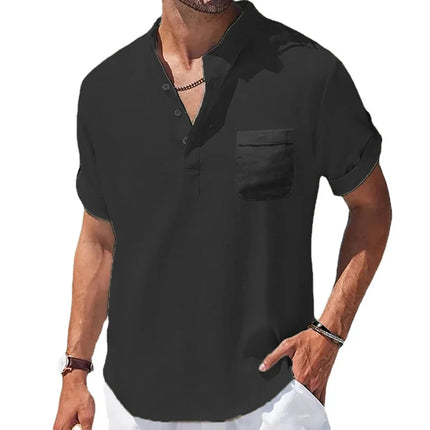 Men's Cotton and Linen Shirts New Summer Short Sleeve T-Shirts Henry Collar Casual Men's T-Shirt Men's Shirt Men's Clothing