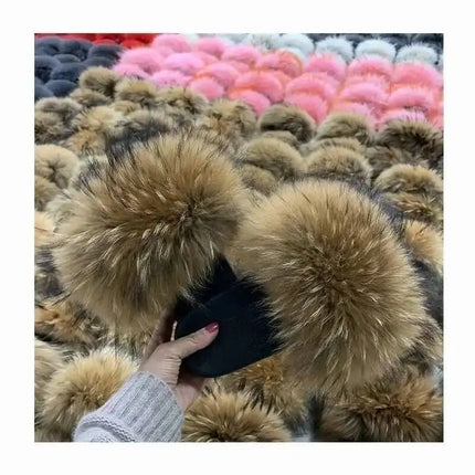 Real Raccoon Fur Slippers for Women 2023 Summer Fluffy Indoor Home Fuzzy Flat Slides Outdoor Fashion Beach Sandals Flip Flops