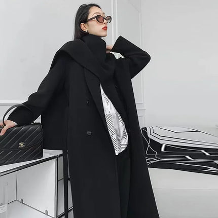 Luxury Hand-sewn Double-sided Cashmere Wool Coat Women New Mid-length Scarf Collar Loose Lace-up Warm Wool Coat Fashion Winter