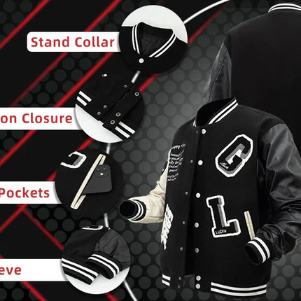 Men's Casual Varsity Jacket Racing Letterman Baseball Coat Vintage Embroidery Outerwear Streetswear with Faux Leather Sleeves
