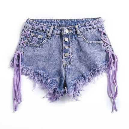 Nuovi Shorts Estivi da Donna 2026 Viola, Sexy a Vita Bassa, con Bottoni, in Denim a Trapezio con Bretelle, Hot Pants Femminili - platinumshop