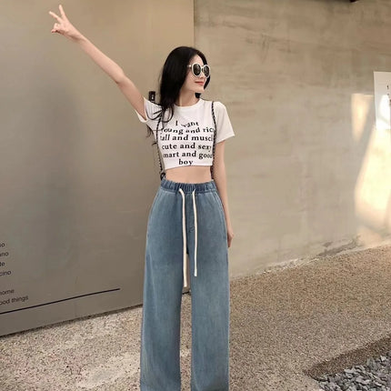 Jeans lavati curvi di seta pantaloni estivi in Denim a gamba larga larghi a vita alta da donna