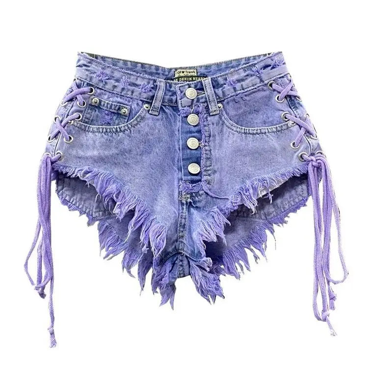 Nuovi Shorts Estivi da Donna 2026 Viola, Sexy a Vita Bassa, con Bottoni, in Denim a Trapezio con Bretelle, Hot Pants Femminili