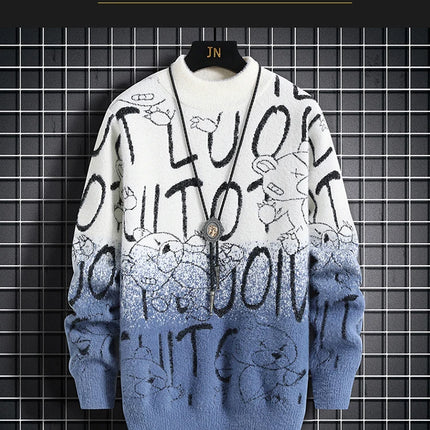 Harajuku Sweater Men's Y2K Knitted Letter Printing Sweater Men's Wool Pullover Men's Retro Knitted Color Block Tops
