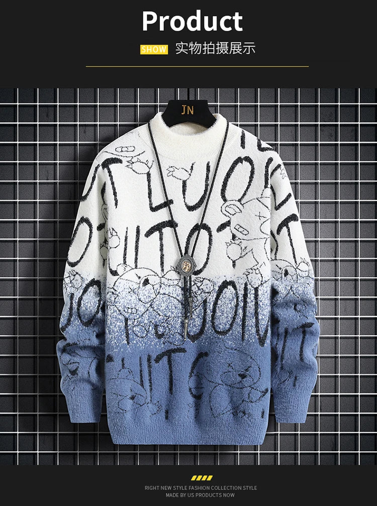Harajuku Sweater Men's Y2K Knitted Letter Printing Sweater Men's Wool Pullover Men's Retro Knitted Color Block Tops
