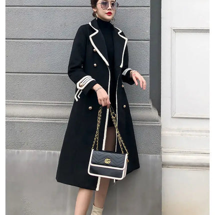 Women White Long Woolen Coat Autumn Winter British Hepburn Style Thicken Slim Double-Breasted Woolen Coat New Women Outwear
