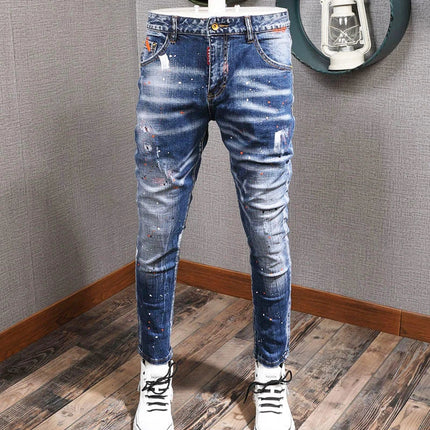 Fashion Streetwear Men Jeans Retro Black Blue Elastic Slim Fit Ripped Jeans Men Spliced Designer Embroidery Hip Hop Denim Pants PlatiNum