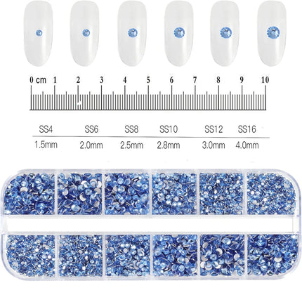 12 Grids Mixed Size Nail Rhinestones SS6 to SS30 Shiny Clear Gold Pink Blue Flat Back Glass Gems for DIY Nail Art Manicure Decoration Supply