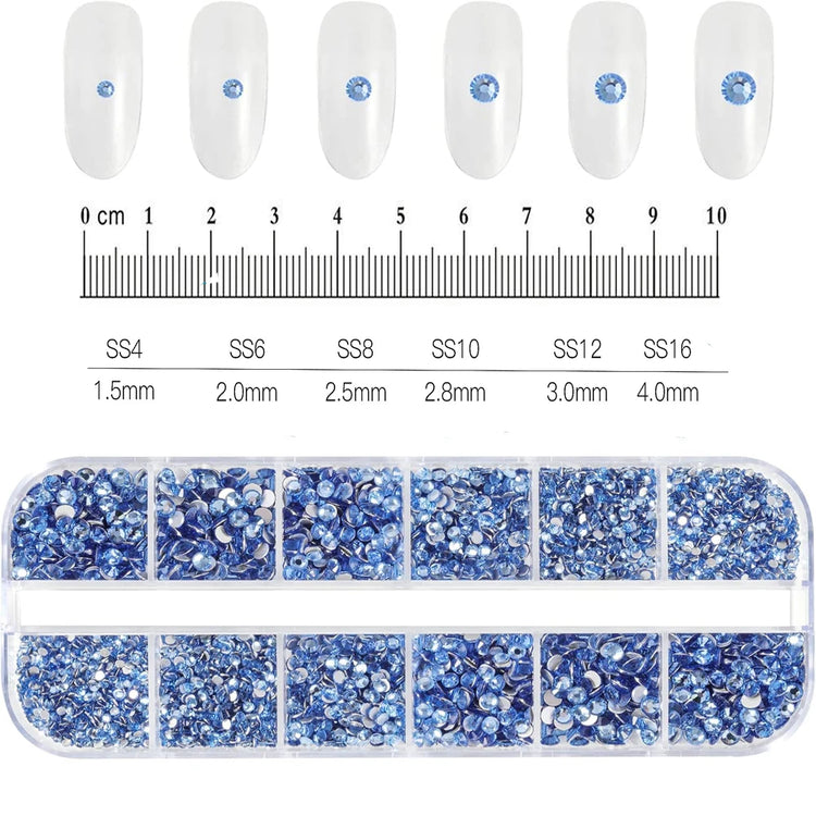 12 Grids Mixed Size Nail Rhinestones SS6 to SS30 Shiny Clear Gold Pink Blue Flat Back Glass Gems for DIY Nail Art Manicure Decoration Supply
