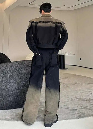 LUZHEN Denim American Sets Gradient Burr Personalized Tassel High Street Wornout Fashion Straight Jeans Retro Two Piece LZ9010 PlatiNum