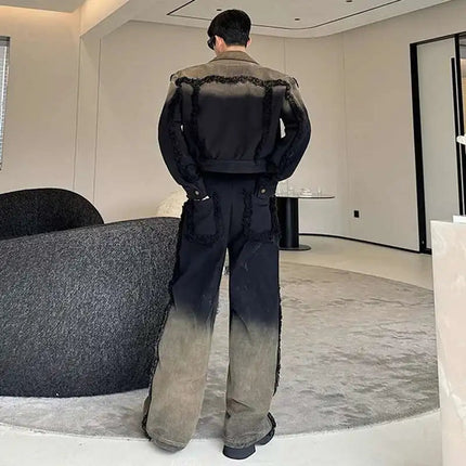 LUZHEN Denim American Sets Gradient Burr Personalized Tassel High Street Wornout Fashion Straight Jeans Retro Two Piece LZ9010 PlatiNum