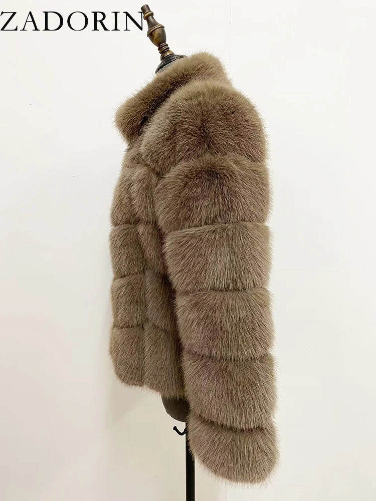 ZADORIN Winter Clothes For Women Stand Collar Splicing Long Sleeve Faux Fur Coat Women Black White Fluffy Jacket Faux Fur Coats