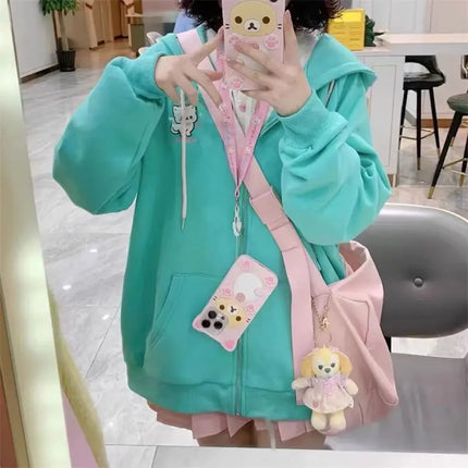 Zipper Hoodie Gothic Cartoon Kawaii Cat Ear Y2k Jacket Zip Up Thin Coat Spring Autumn Cute Core 2000s Clothes Fall Sweatshirts