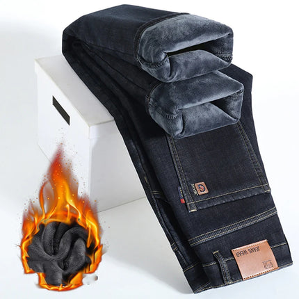 Men's Loose Straight Pants 2026 New Winter Fashion Warmt Plush Thick Jeans Cotton Straight Fleece Male Brand Denim Trousers