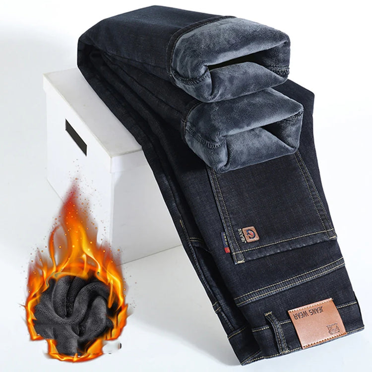 Men's Loose Straight Pants 2026 New Winter Fashion Warmt Plush Thick Jeans Cotton Straight Fleece Male Brand Denim Trousers