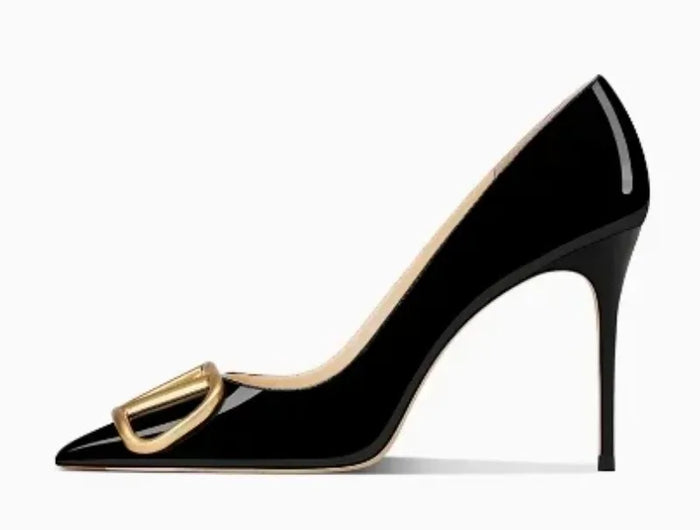 Décolleté alla moda con tacco alto grigio brillante con fibbia a V Sandali primaverili estivi Tacchi a punta in vera pelle