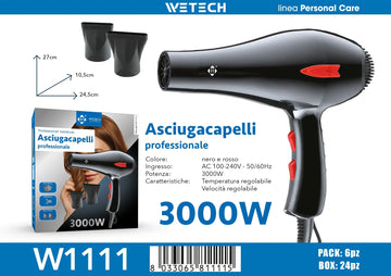 Professional 3000W Hair Dryer 100‑240V Dual Voltage Blow Dryer Adjustable Heat Speed With Nozzles For Home Salon Travel Hair Styling