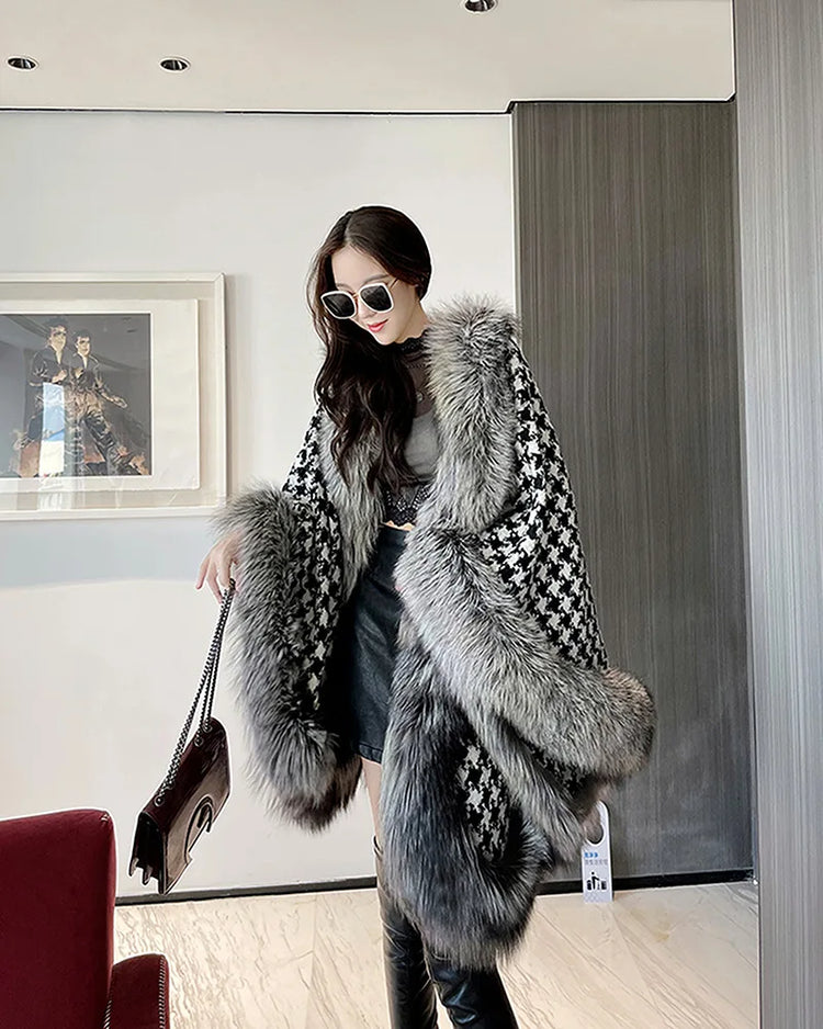 ZADORIN Autumn Winter Luxury Faux Fur Coat Women Elegant Houndstooth Tweed Warm Big Poncho Fur Shawl Cape Women Party Outerwear