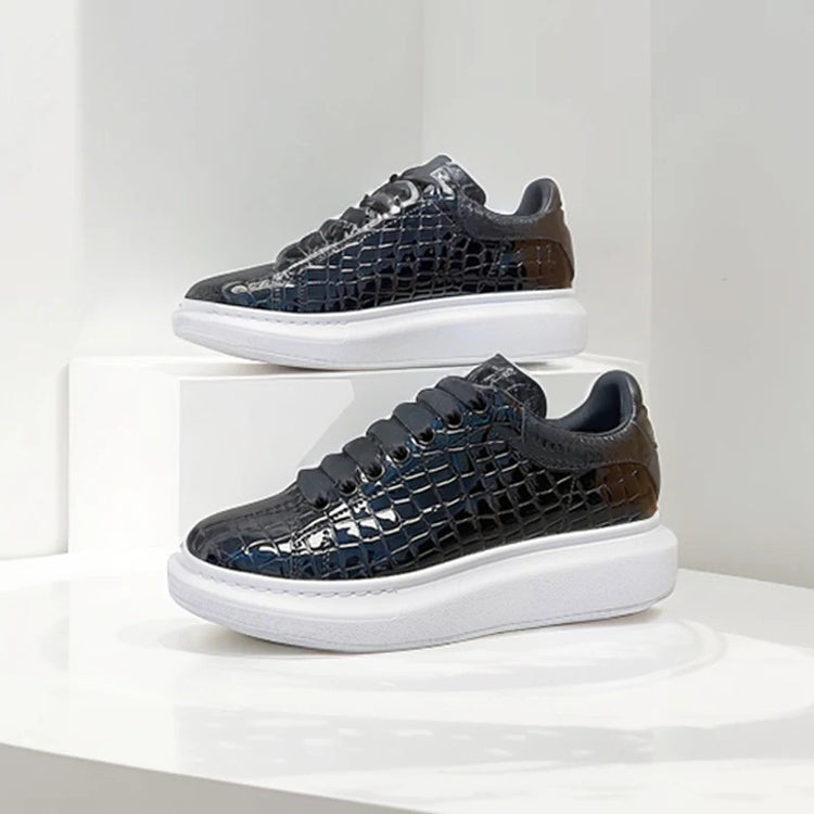 Black Platform Sneakers Men's Cow Leather Round Toe Unisex Low-Top Stone Pattern Lace-up Casual Shoes Retro Flat Shoes Handmade