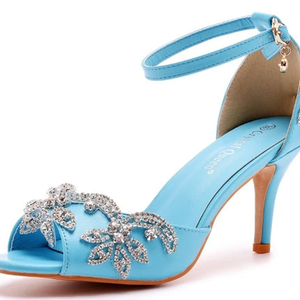 Sandalias de mujer de calidad femenina con diamantes de imitación de PU, tacón delgado de 7 cm, correa de hebilla, zapatos de vestir de estilo coreano para mujer, azul cielo maduro