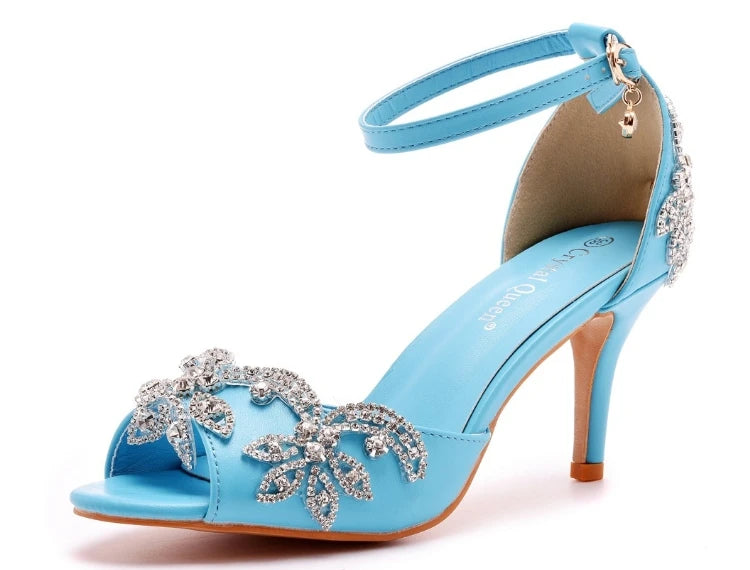 Sandali da donna di qualità femminile strass PU 7CM tacchi sottili cinturino con fibbia scarpe da donna in stile coreano vestito blu cielo maturo