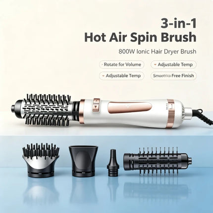 3-in-1 800W Rotating Hot Air Brush Hair Dryer Volumizer Adjustable Temperature Auto Rotation Styling Brush