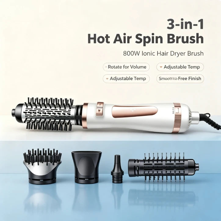 3-in-1 800W Rotating Hot Air Brush Hair Dryer Volumizer Adjustable Temperature Auto Rotation Styling Brush