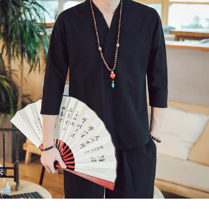 Kimono estivo stile giapponese manica corta uomo nuovo cotone a mezza manica lino traspirante abbigliamento uomo t-shirt giapponese Yukata top