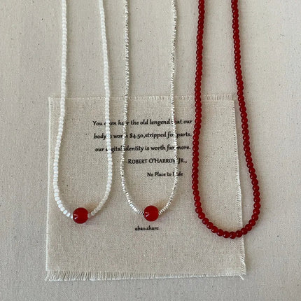 Minar French Silver Water Wave Chain Red Agate Beads Heart Beaded Pendant Necklaces for Women Gold Silver Plated Sweater Chain PlatiNum