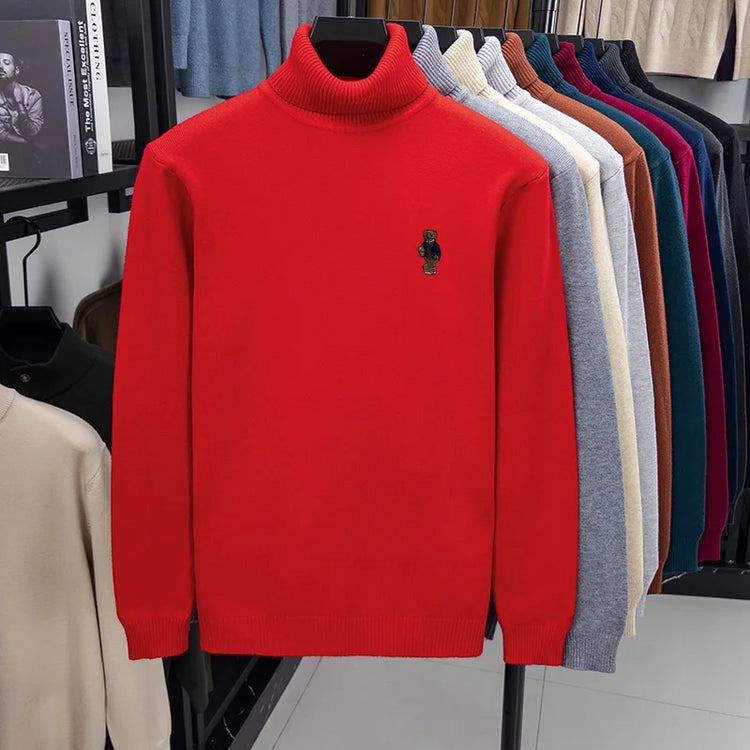 High-End Man Spring Long-Sleeved Knitwear Bear Print High Neck Hot Pullover Versatile Trend Leisure Warm Sweater Men's Clothing