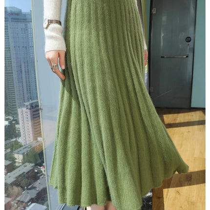 Autumn And Winter Fashion Mink Cashmere Mid Length High Waist Skirt For Women, Knitted Umbrella Skirt, Fashionable Pleated Skirt PlatiNum