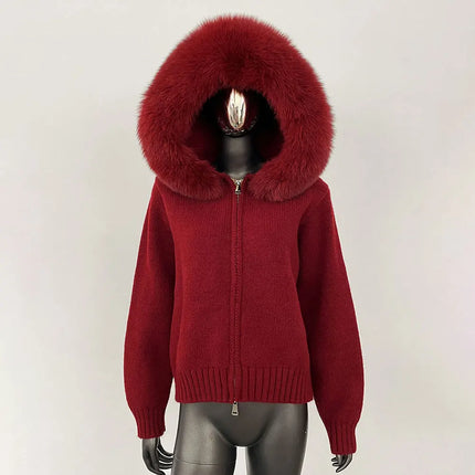 OFTBUY Real Fox Fur Kintwear Women New Spring Autumn Hooded Sweater Female Loose Zipper Kintted Jacket Oversized Cardigan