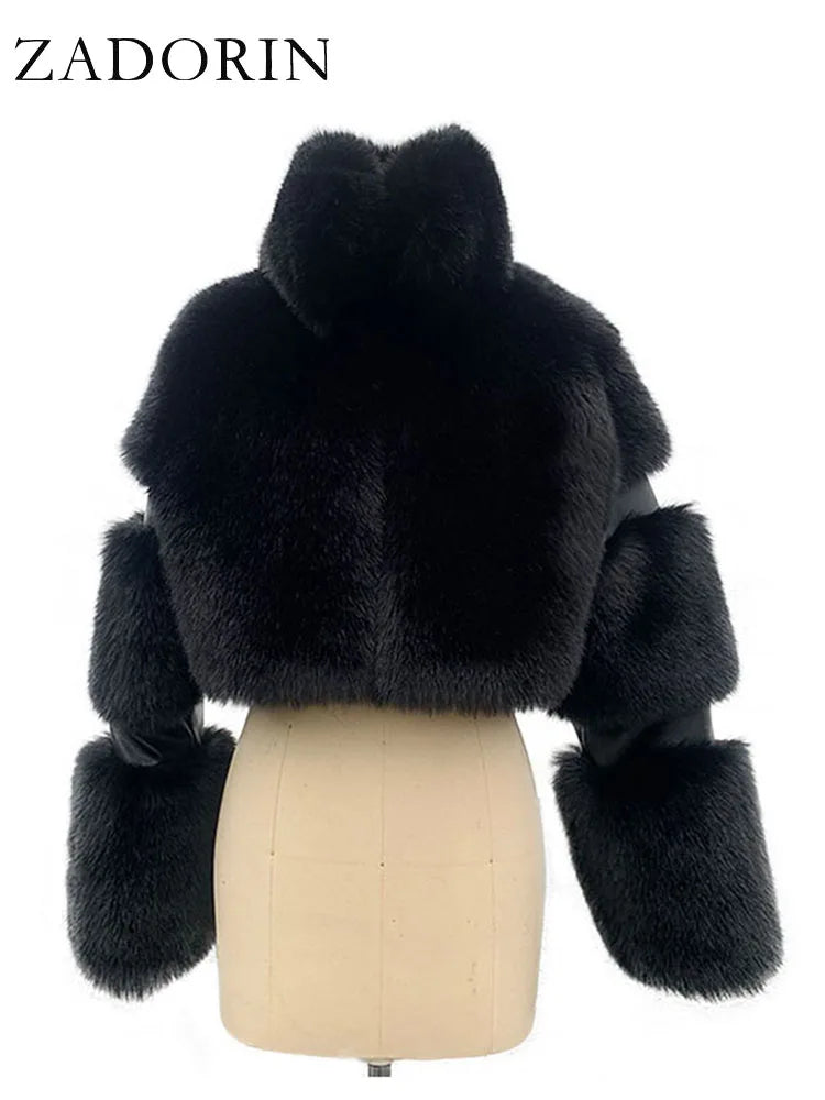 ZADORIN Winter Cropped Jacket Women Turn Down Collar Furry Faux Fox Fur Coat Woman Long Sleeve Thick Warm Fluffy Fur Jacket Tops