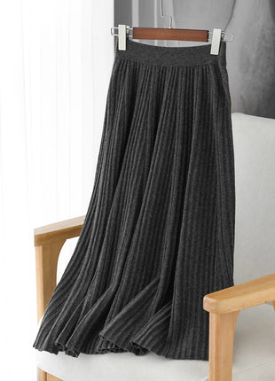 100% Merino Wool Women’s Knitted Skirt Spring Autumn Winter  Long Pleated Grace Skirts High Waist A-Line Cashmere Comfortable PlatiNum