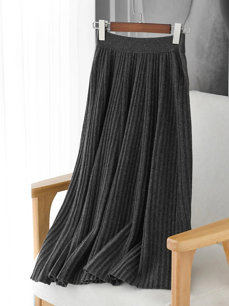 100% Merino Wool Women’s Knitted Skirt Spring Autumn Winter  Long Pleated Grace Skirts High Waist A-Line Cashmere Comfortable PlatiNum
