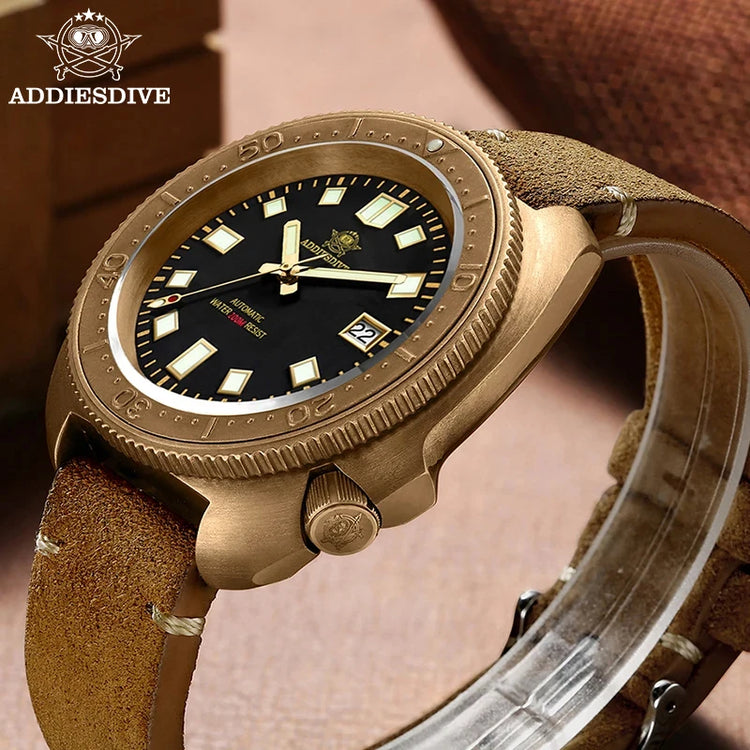 ADDIESDIVE CUSN8 Bronze Watch Men Automatic Wristwatch Calendar Sapphire Glass Luminous 20Bar Waterproof Diving Mechanical Watch