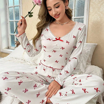 Primavera e autunno nuovi indumenti da notte da donna con fiocco a farfalla a maniche lunghe set stampato elastico da donna casual comodi vestiti per la casa