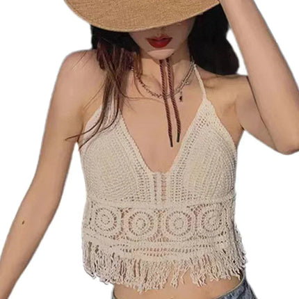Sexy Boho Beach Holiday Canotta Halter Donna Crochet Maglia Costume da bagno Reggiseno Backless Vest Hollow Nappa Canotta Crop Top da donna platinumshop