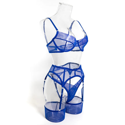 Luxury Dark Style 4Pcs Women's Lingerie Set Push-up Underwire Bra Garter Belt Thong Panty Stocking Erotic Intimate Outfits