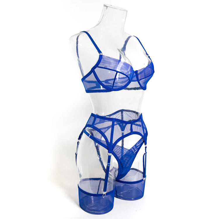 Luxury Dark Style 4Pcs Women's Lingerie Set Push-up Underwire Bra Garter Belt Thong Panty Stocking Erotic Intimate Outfits