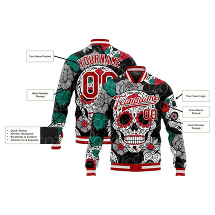 Custom Skull 3D Printed Baseball Button Jacket Bomber Full-Snap Varsity Letterman Jacket