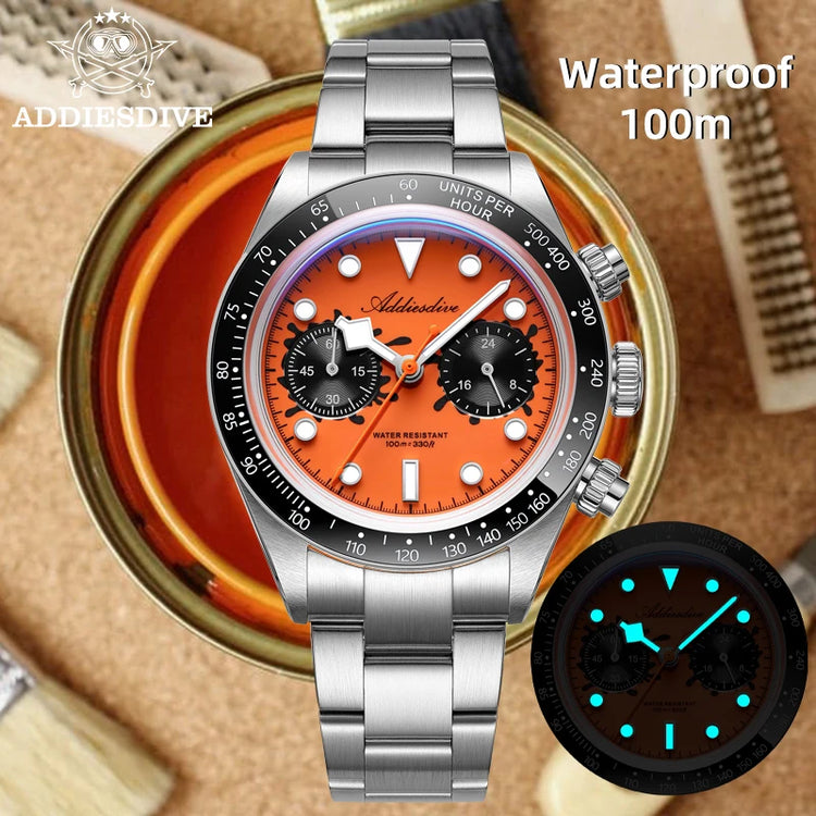 ADDIESDIVE 2026 New Luxury Men Chronograph VK64 Watch Waterproof 100m Ceramic Bezel BGW9 Luminous 316L Steel Quartz Watch AD2520