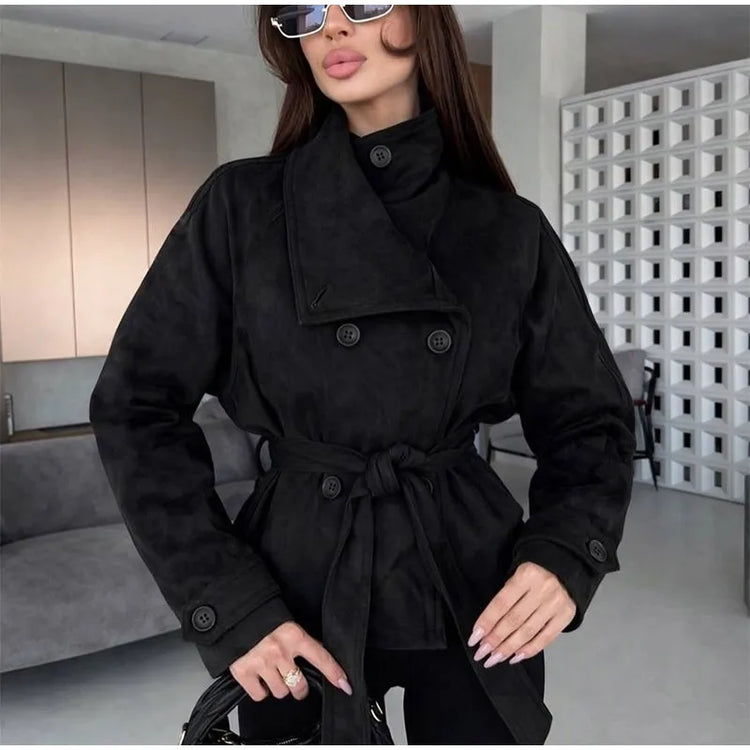 Elegant Suede Women Jacket Turn Down Collar Double Breasted Belt Waist Slim Jackets 2026 Autumn Winter Female Fashion Tops