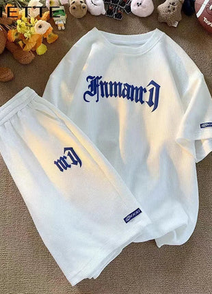 Set di abbigliamento sportivo a maniche corte in seta di ghiaccio estiva casual con waffle transfrontaliero T-shirt da uomo Set di abbigliamento da uomo abbinato platinumshop