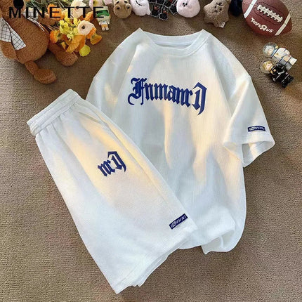 Set di abbigliamento sportivo a maniche corte in seta di ghiaccio estiva casual con waffle transfrontaliero T-shirt da uomo Set di abbigliamento da uomo abbinato platinumshop