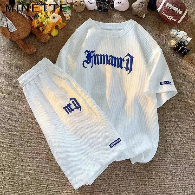 Set di abbigliamento sportivo a maniche corte in seta di ghiaccio estiva casual con waffle transfrontaliero T-shirt da uomo Set di abbigliamento da uomo abbinato platinumshop