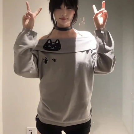 T-shirt con spalle scoperte con ricamo carino T-shirt da donna a maniche lunghe con gatto Kawaii Camicetta basic aderente T-shirt grigie senza spalline