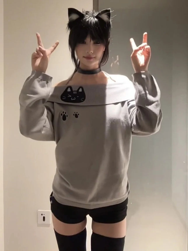 Off-shoulder T-shirt with cute embroidery Kawaii cat long sleeve women's T-shirt Basic fitted blouse Grey strapless T-shirt