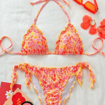 Nuovo Set Bikini Donna Estivo con Stampa Floreale Arancione, Halter con Volant, Push-Up e Perizoma con Laccetti Laterali PlatiNum