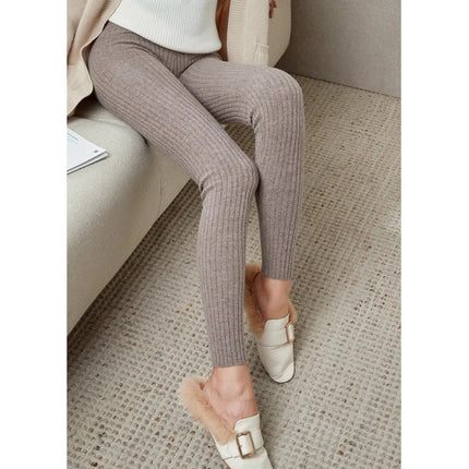 100% Merino Wool Striped Leggings Women's Winter Warm Knitted Tights Solid Color Women's Trousers PlatiNum